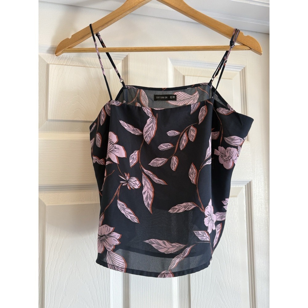 Cotton On Camisole Top Womens XS Black Pink Floral Adjustable Spaghetti Straps